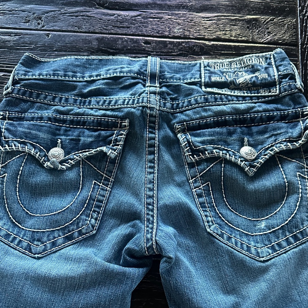 True Religion Men’s  Dark Blue Boot Cut Jeans distressed w/stitching
